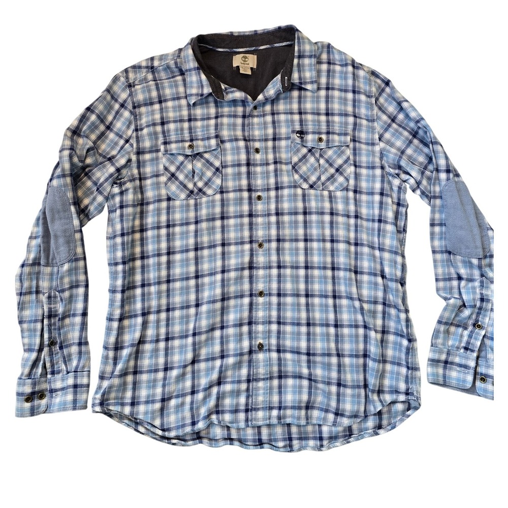 Timberland Slim Fit Plaid Flannel Shirt Long Sleeve Button Up Blue White XXL